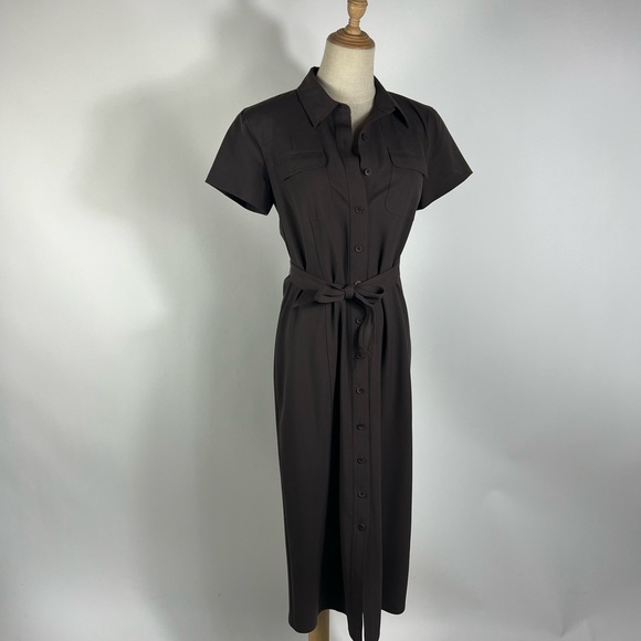 TALBOTS Vintage Brown Stretch Button Down Midi Shirt Dress with Belt Womens 4 - Picture 2 of 9
